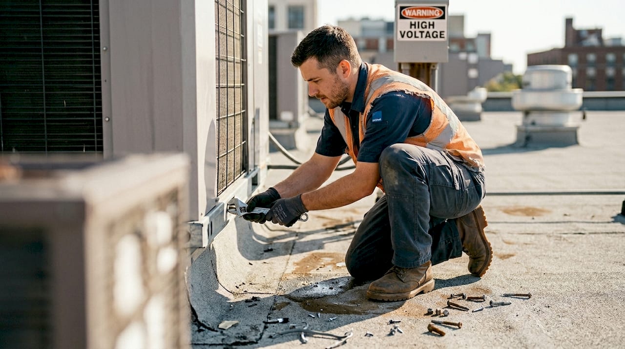 Technician secures air terminal on rooftop