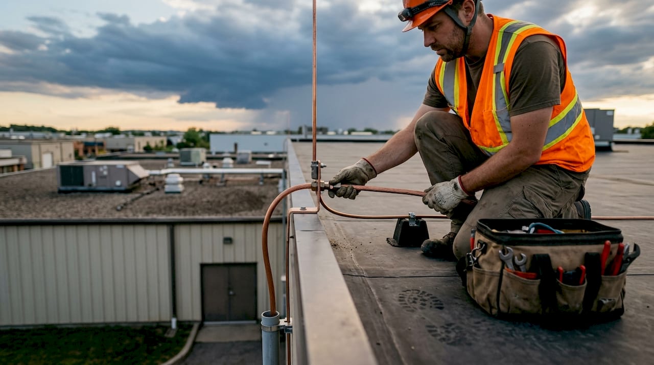 Contrôle du système de protection contre la foudre installé sur le toit de l’usine