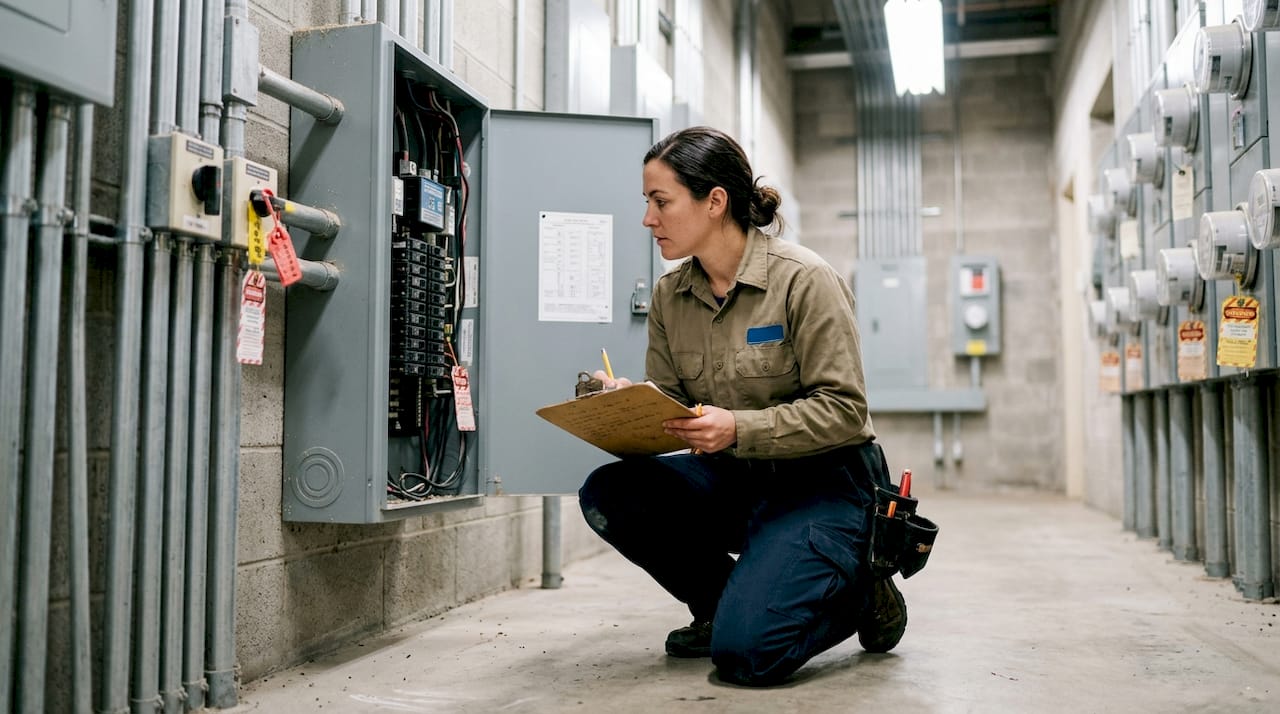 Technician checking industrial electrical surge device