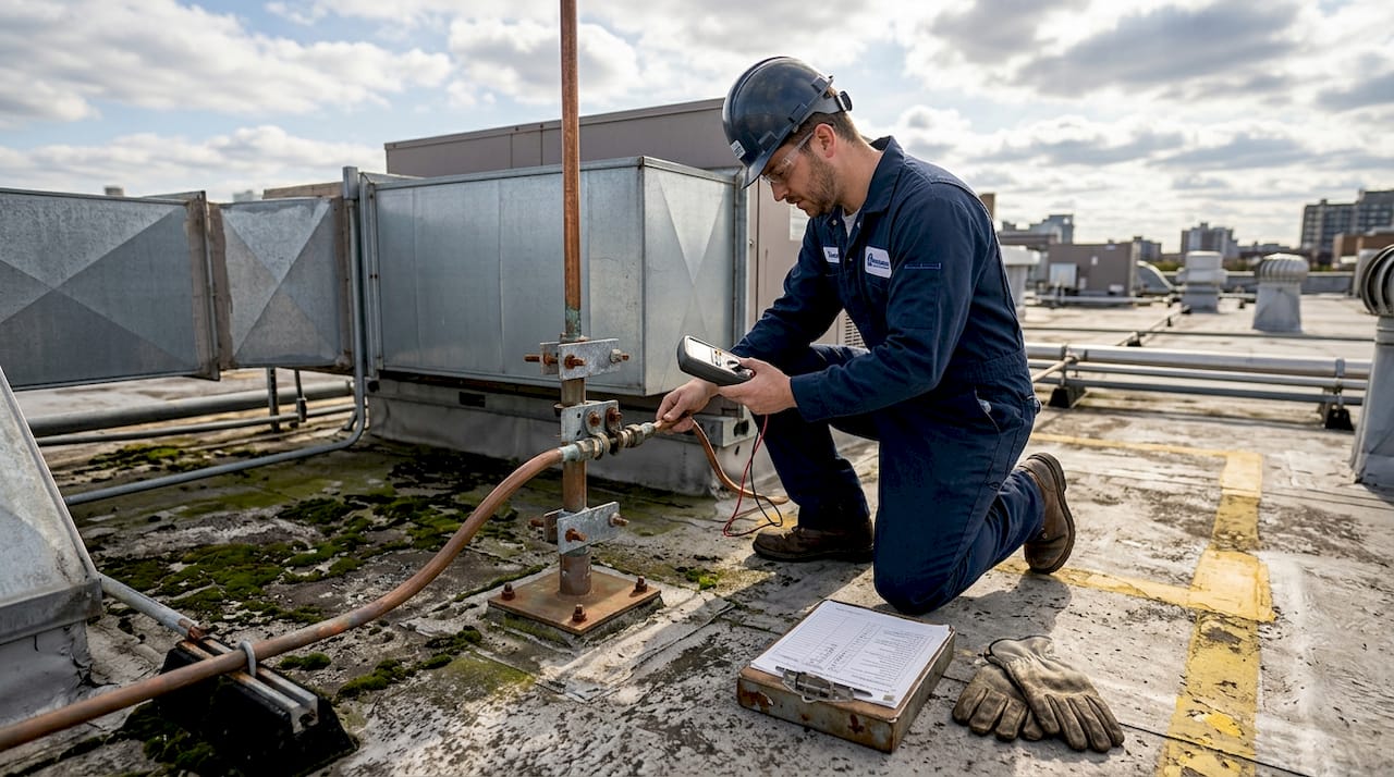 Technician inspects lightning system roof components
