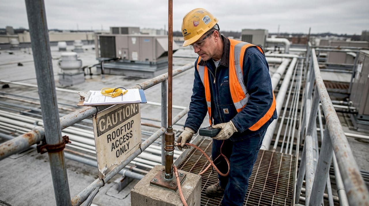 Inspector examining rooftop lightning rod system