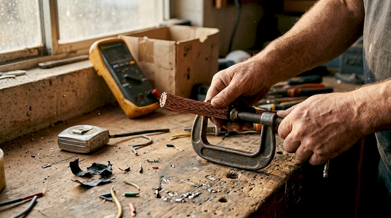 Des mains s’affairent à préparer un conducteur en cuivre avant son installation.