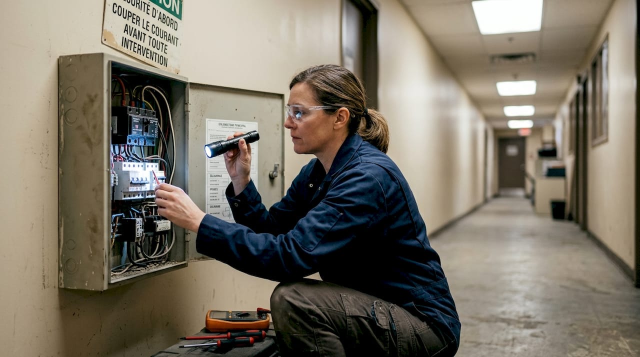 Un électricien contrôle un tableau électrique ouvert dans le couloir.