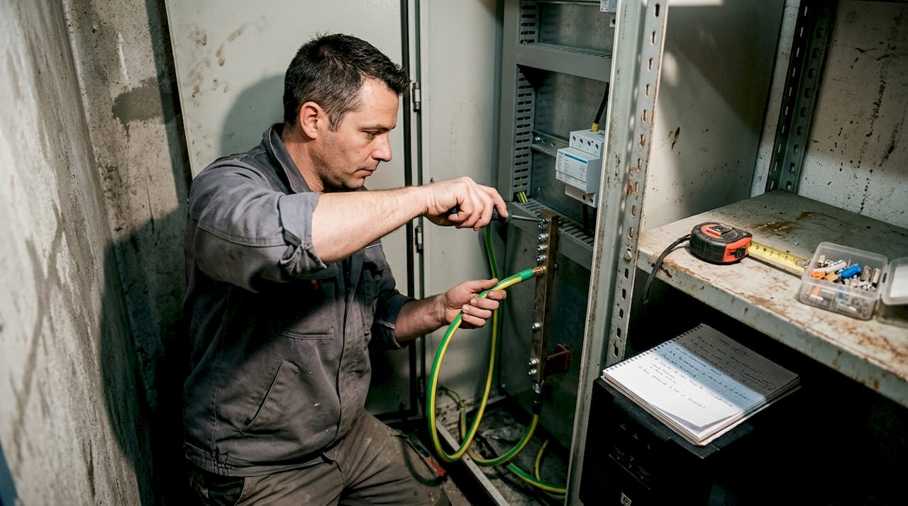 Mise en place du parafoudre par un électricien, avec raccordement à la prise de terre