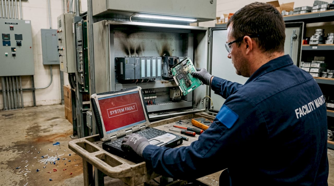 Technician inspects surge-damaged control units