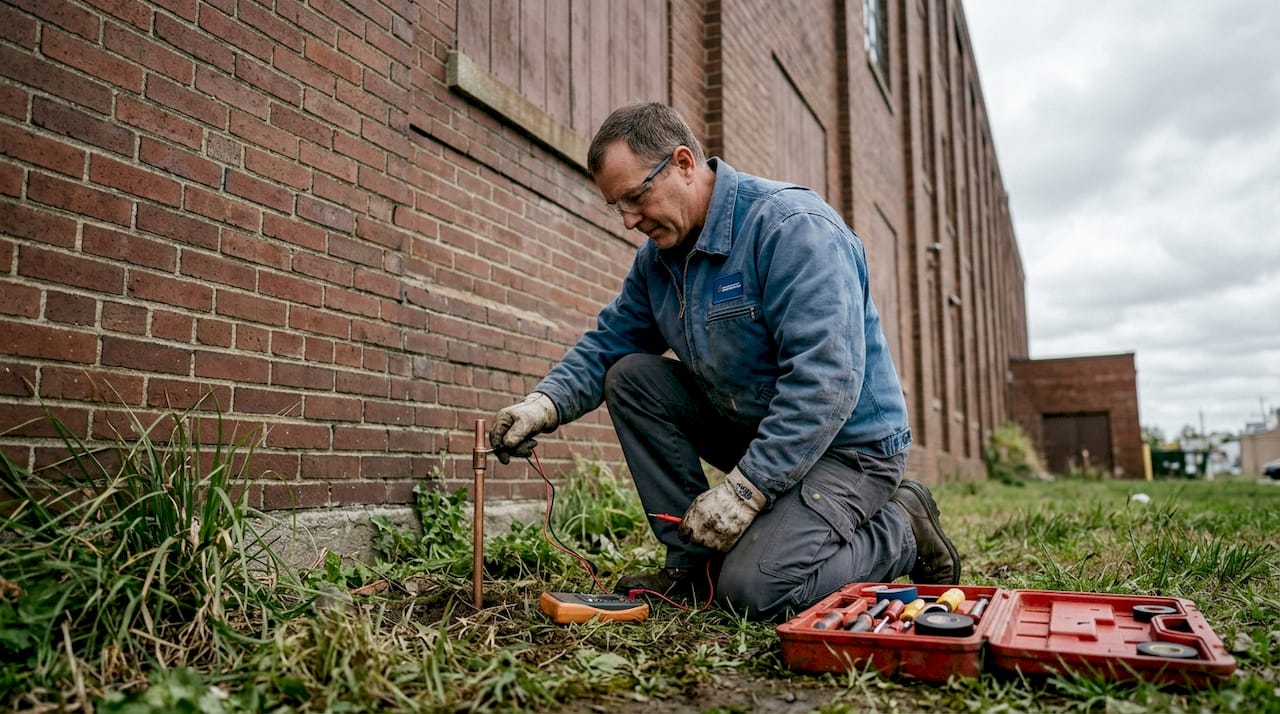 Technician inspects lightning grounding system
