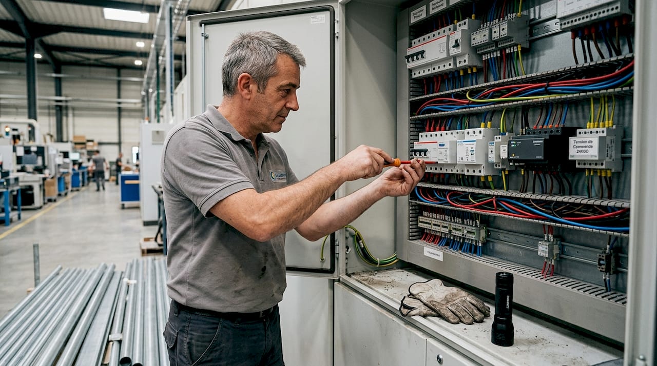 Un électricien procède à la mise en place d’un parafoudre dans une armoire électrique industrielle.