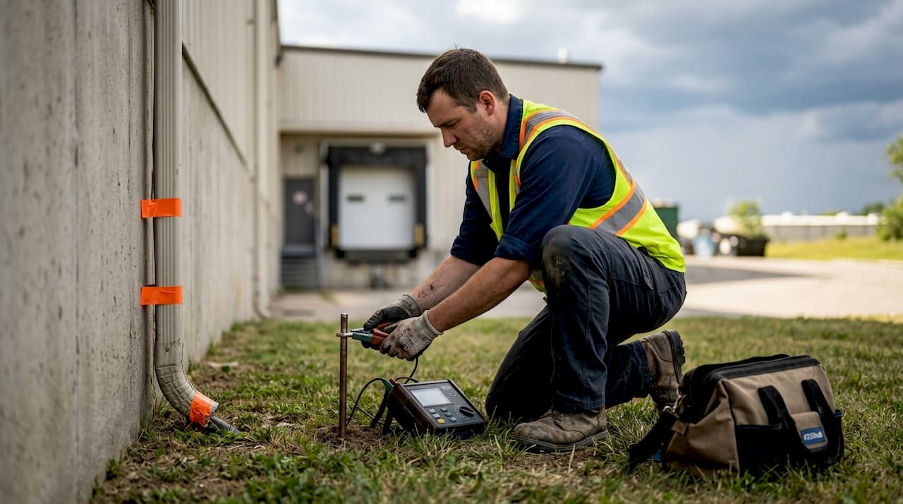 Technician tests lightning system grounding rod