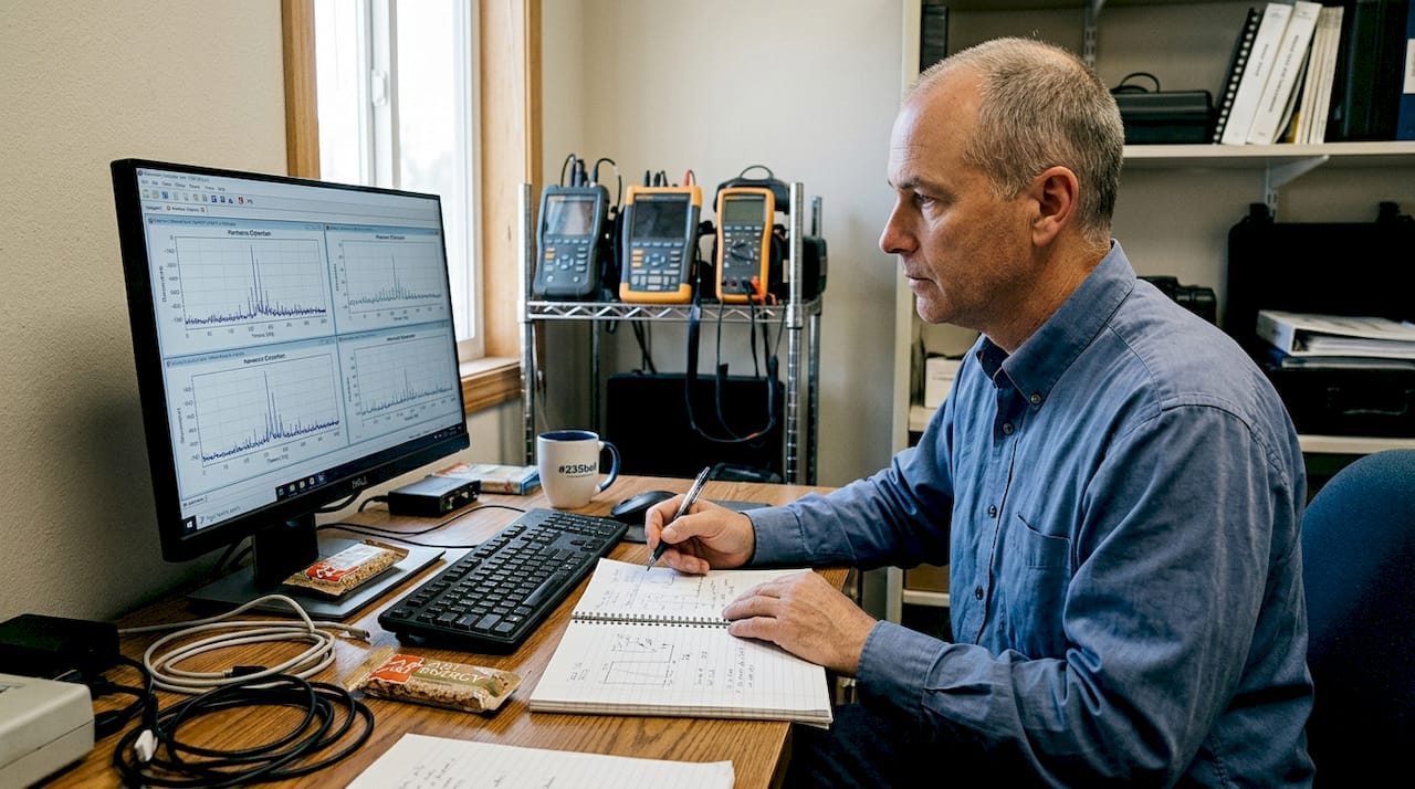 Technician reviewing power quality monitoring graphs