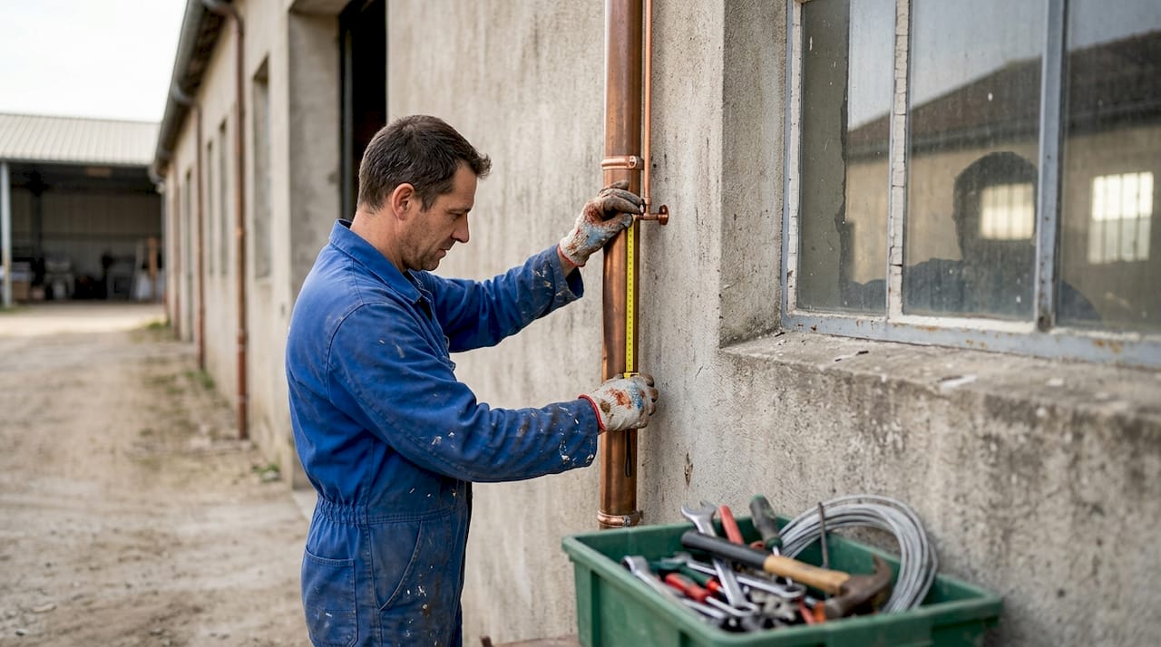 Un technicien procède à la pose d’un paratonnerre sur le toit d’un entrepôt.