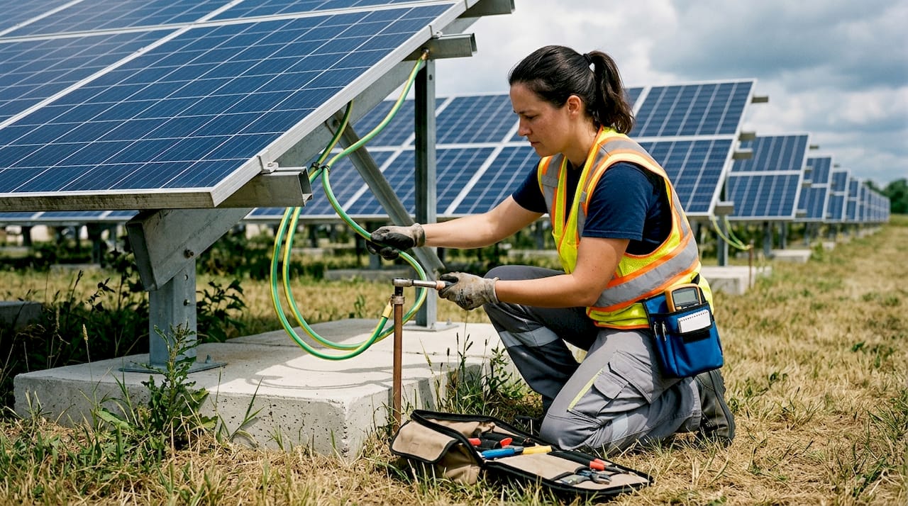 Technician checks solar panel lightning protection