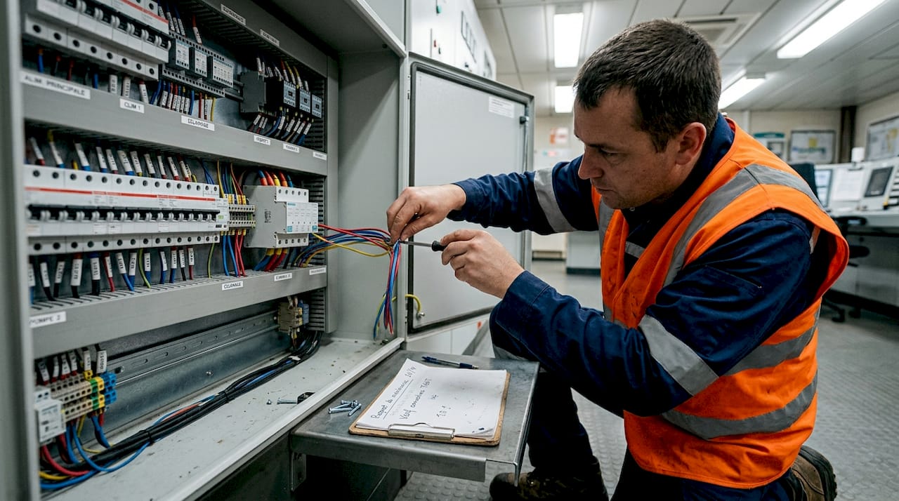 Un technicien procède à l'installation d'une armoire de protection contre les surtensions.