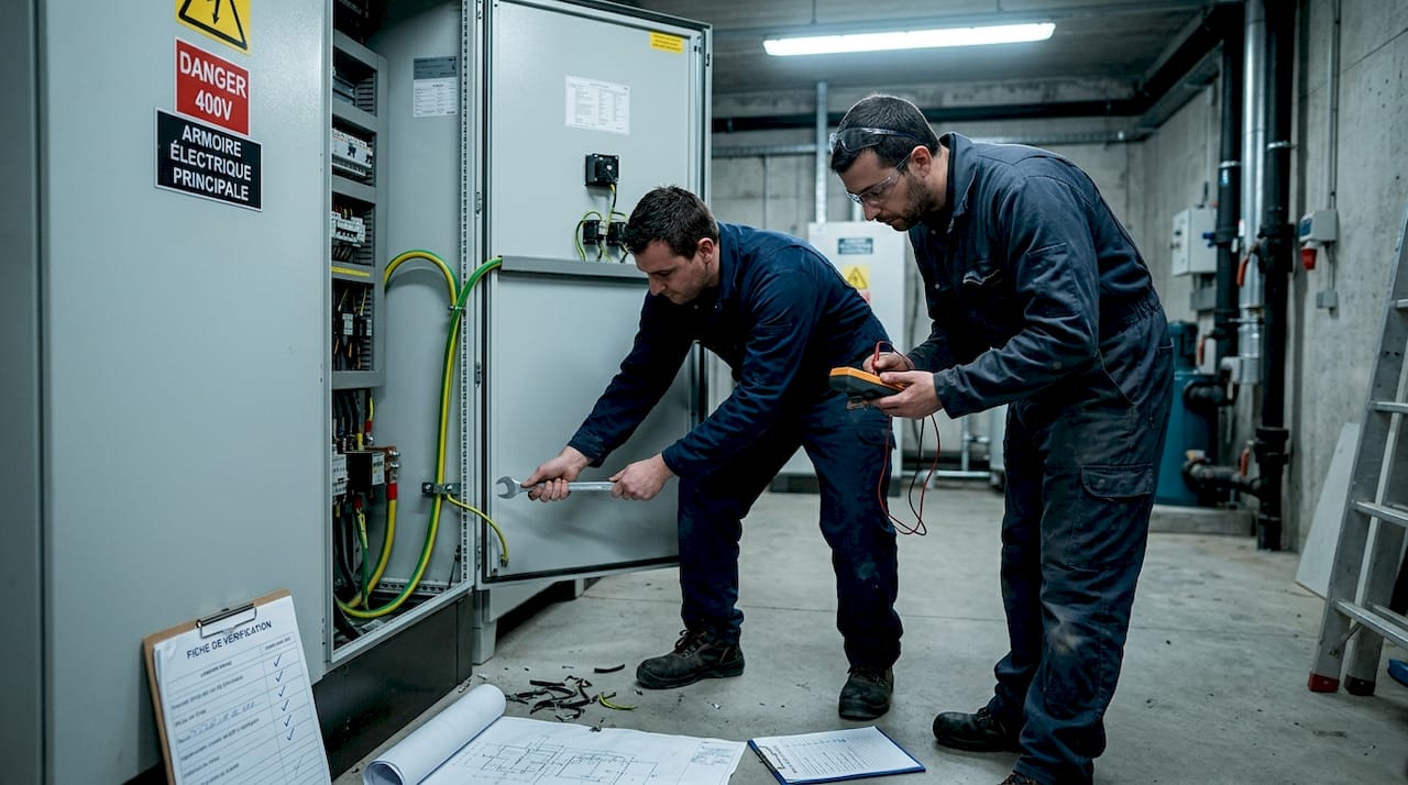 Des électriciens effectuent le raccordement de la prise de terre dans une armoire électrique.