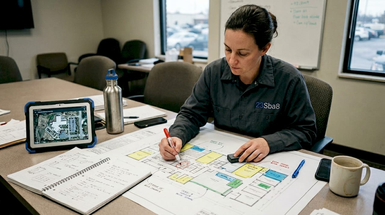 Worker draws risk zones on facility map