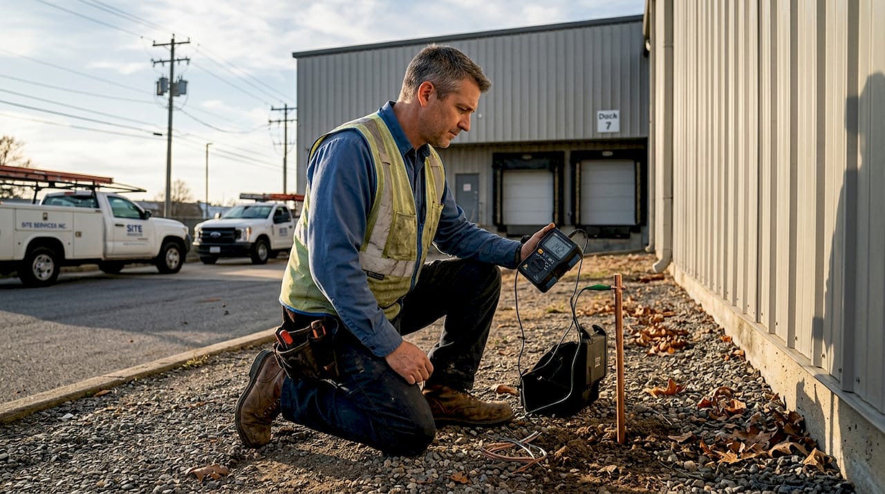 Electrician checks lightning protection grounding system