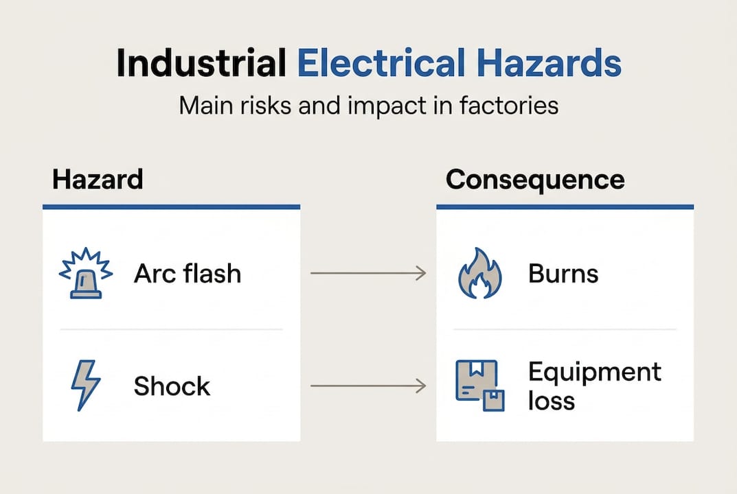 Infographic of electrical hazard types with consequences