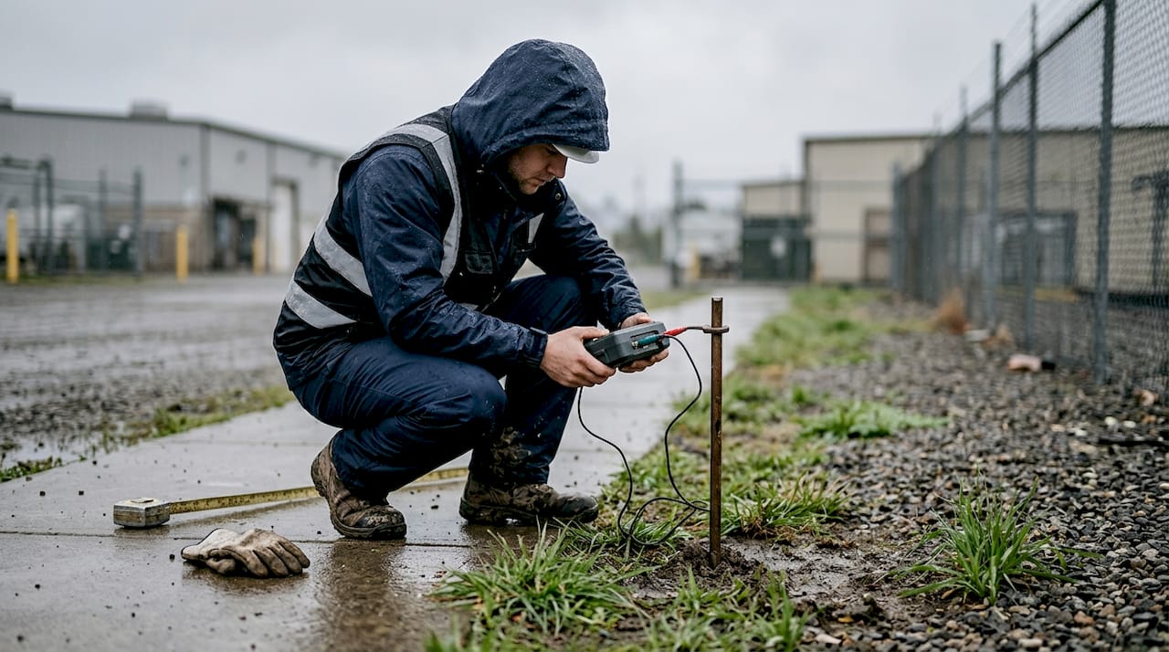 Un technicien contrôle la mise à la terre sur un chantier industriel.