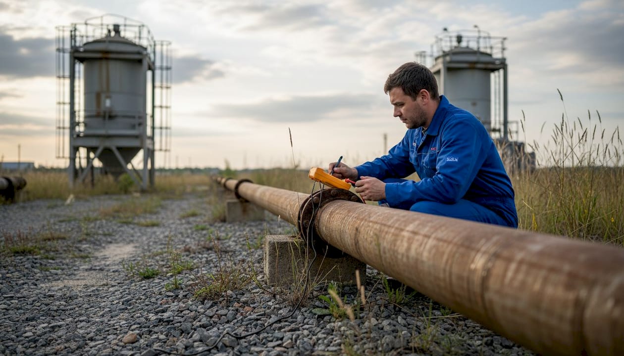 Technician inspecting exposed industrial piping