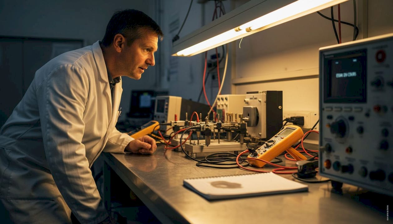 Un ingénieur procède à des essais en laboratoire pour vérifier l’efficacité d’un paratonnerre.
