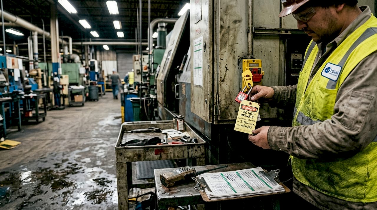 Technician performing lockout tagout on equipment
