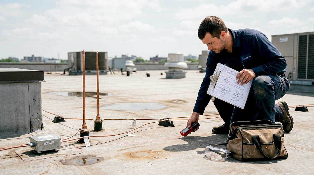 Technician measures rooftop for lightning rod placement
