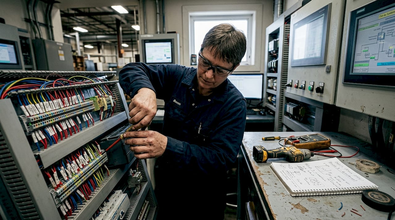 Un technicien intervient pour remettre en état un automate endommagé par la foudre.