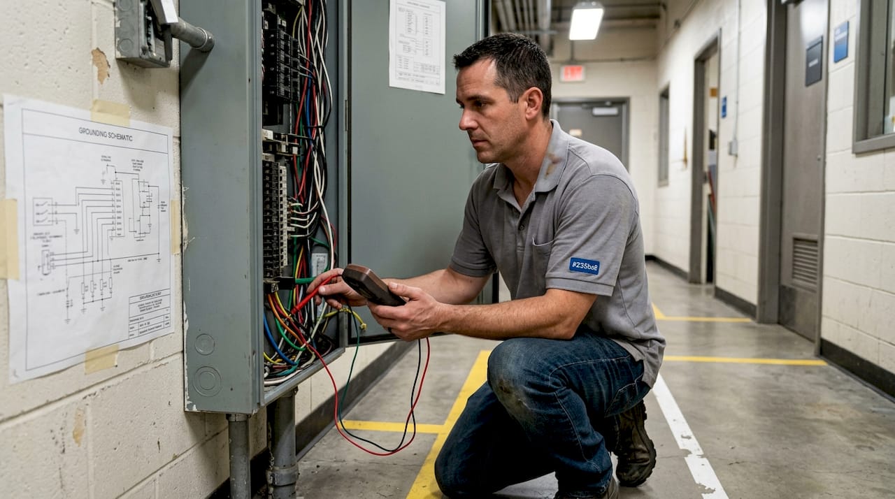 Technician measuring grounding and lead routing