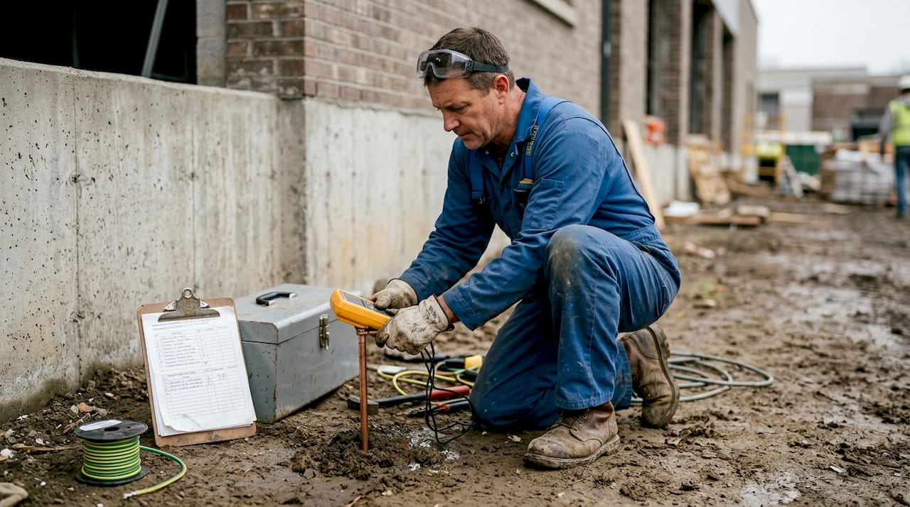 Electrician testing building grounding resistance