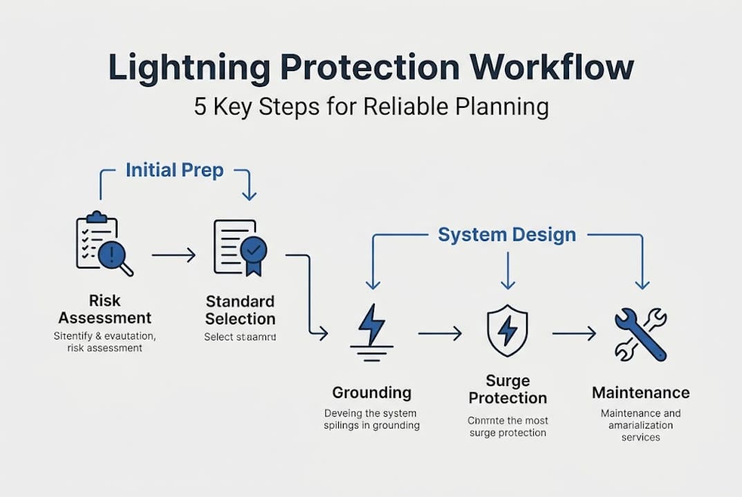 Lightning protection workflow steps infographic