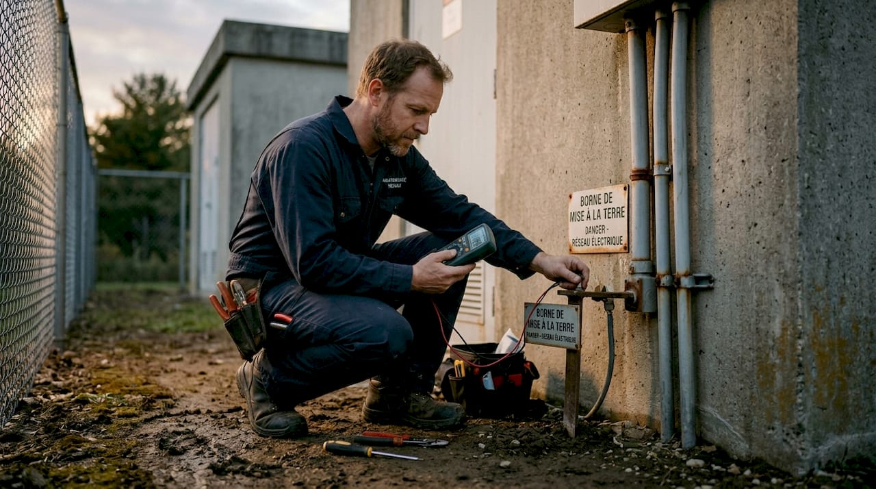 Un technicien contrôle le bon raccordement à la terre de la borne parafoudre.