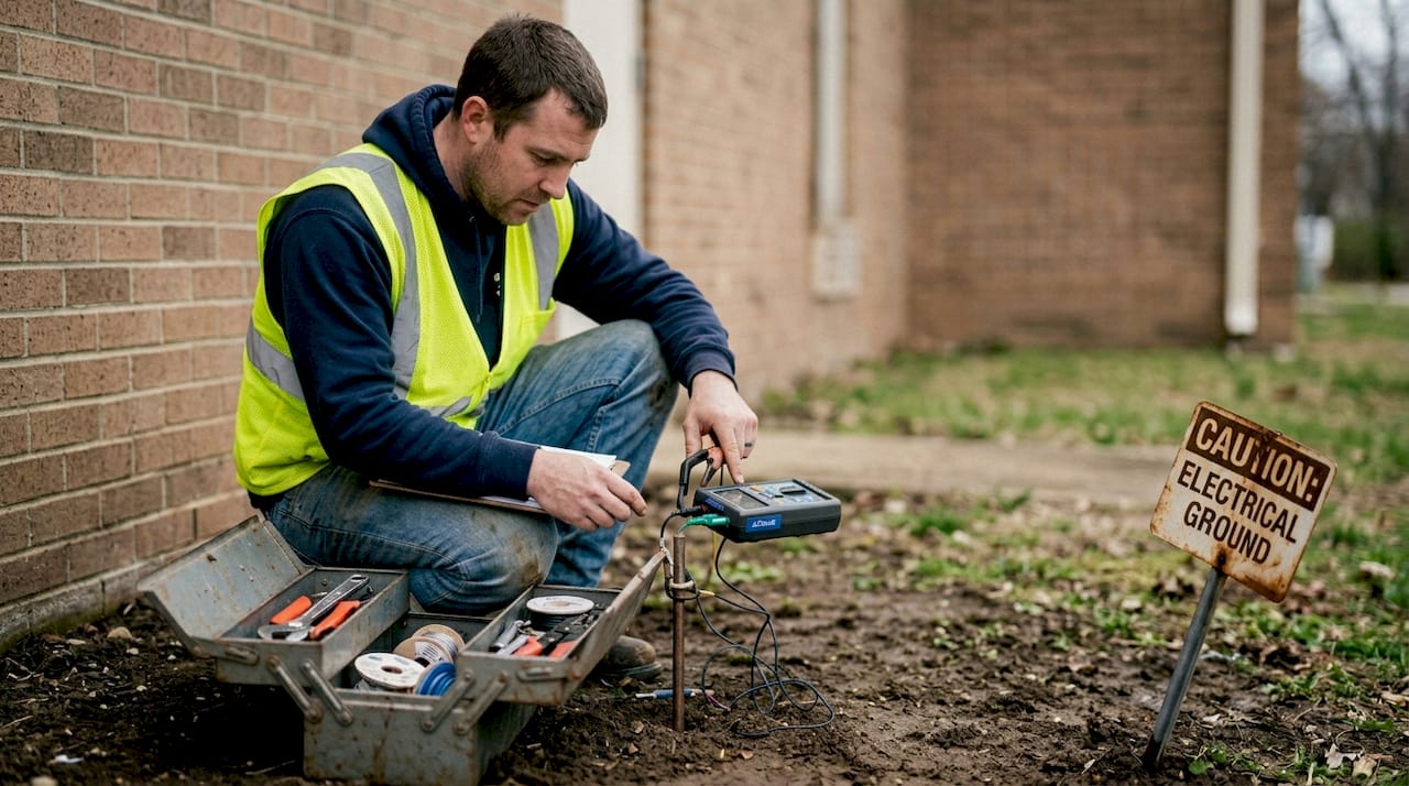 Electrician performing ground resistance test