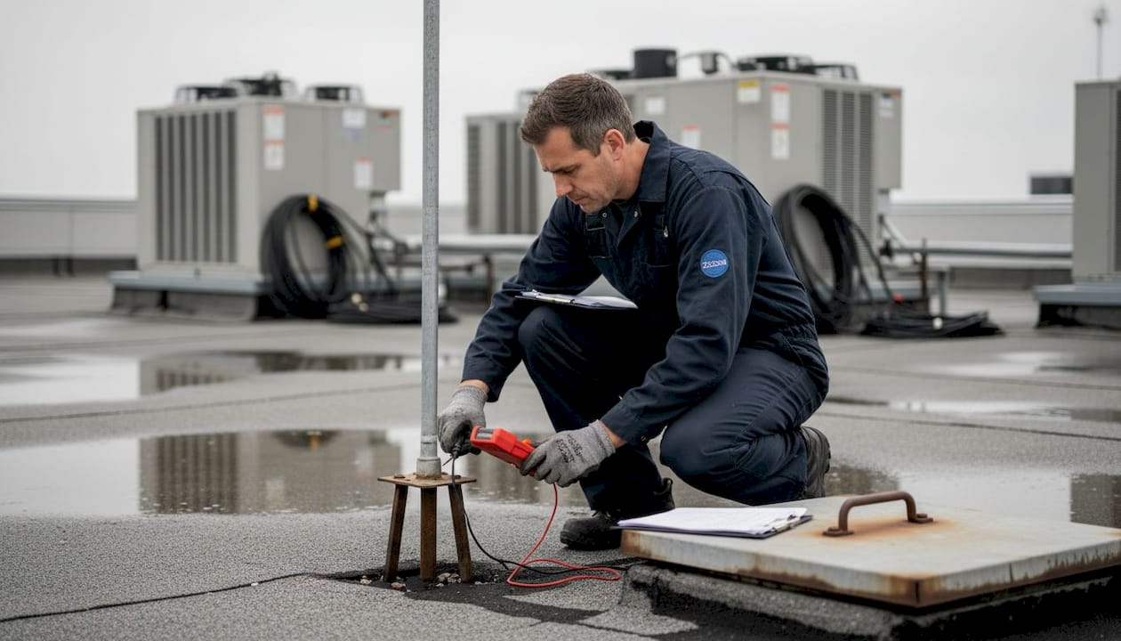 Technician inspecting rooftop lightning protection system