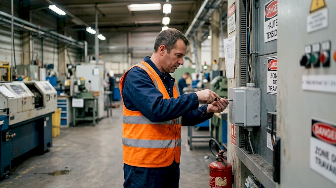 Un technicien procède à l’inspection d’un tableau électrique industriel sous un ciel orageux.