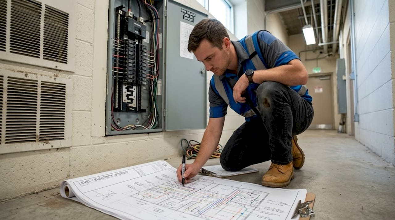 Engineer mapping lightning zones on blueprint