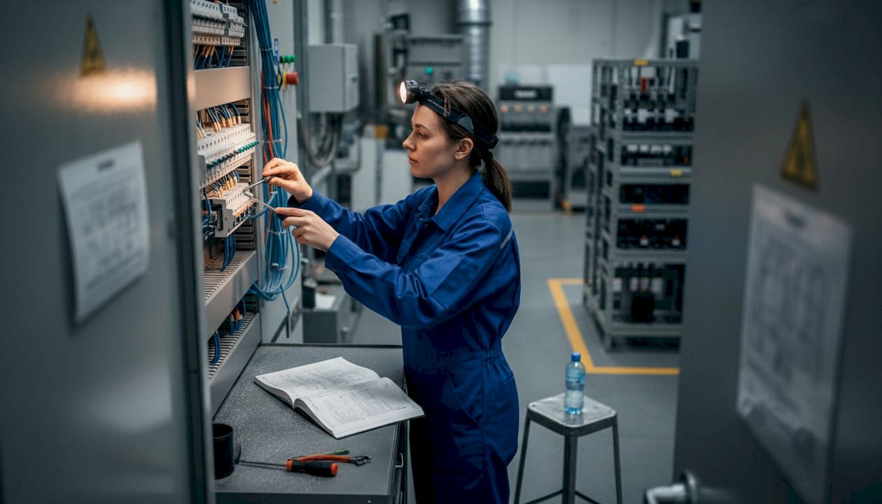 Une ingénieure procède à la vérification d’un tableau électrique industriel.