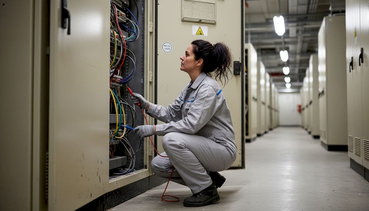 Technician inspecting eco-friendly switchgear