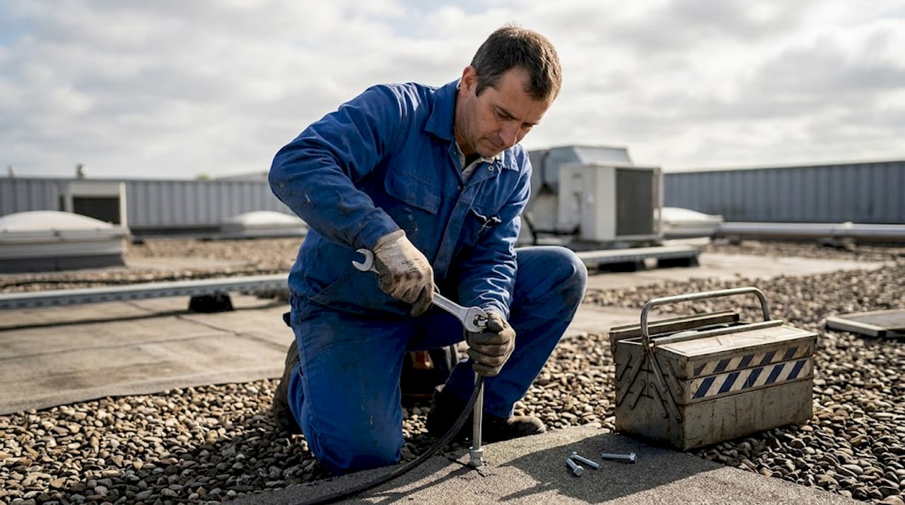 Un électricien fixe soigneusement le câble d’un paratonnerre sur le toit d’un bâtiment.