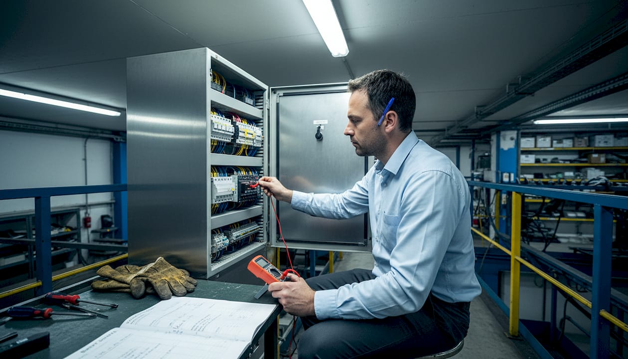 Un ingénieur procède à la vérification de l’armoire de contrôle-commande dans l’atelier.