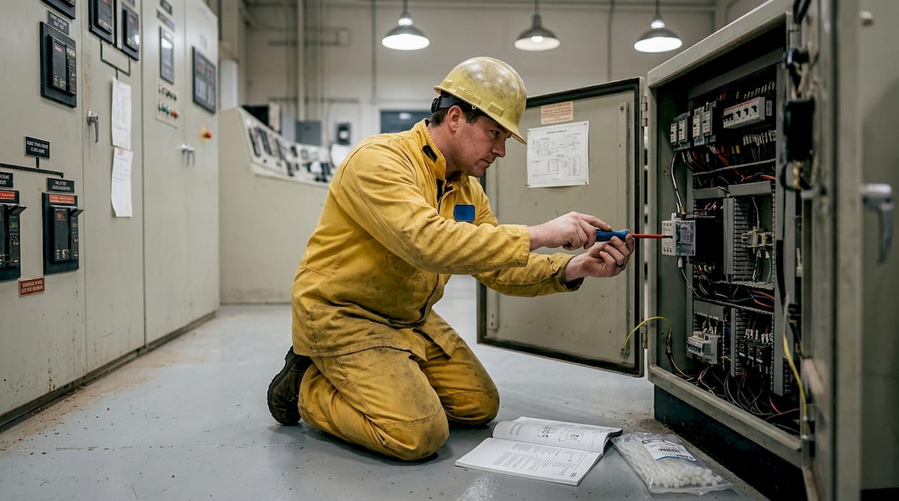 Electrician installing relay in protective gear