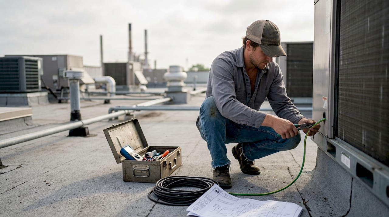 Technician installs lightning ground wire on rooftop