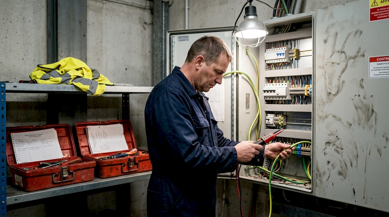 Un technicien procède à l’inspection du système de protection contre la foudre.