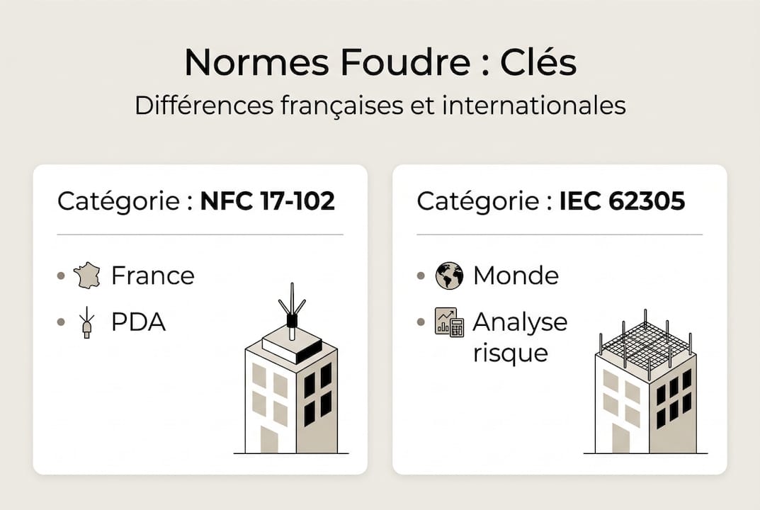 Comparatif des principales normes en matière de protection contre la foudre présenté sous forme d’infographie