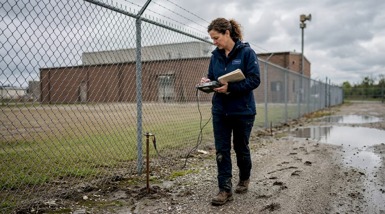 Manager conducting field lightning testing outdoors