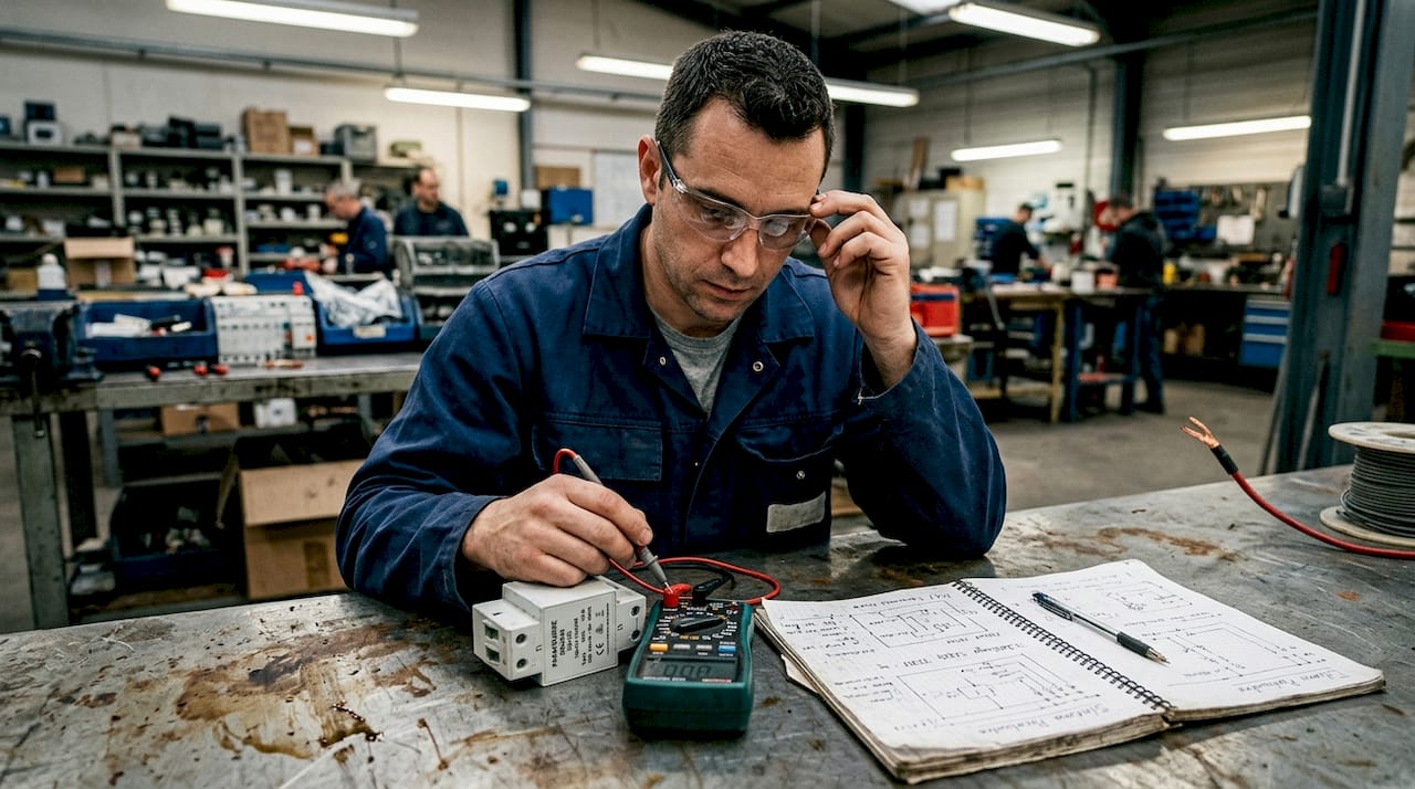 Un électricien effectue la vérification et l’entretien d’un système de protection contre les surtensions.