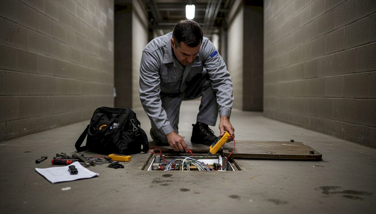 Technician inspecting wiring and bonds in plant