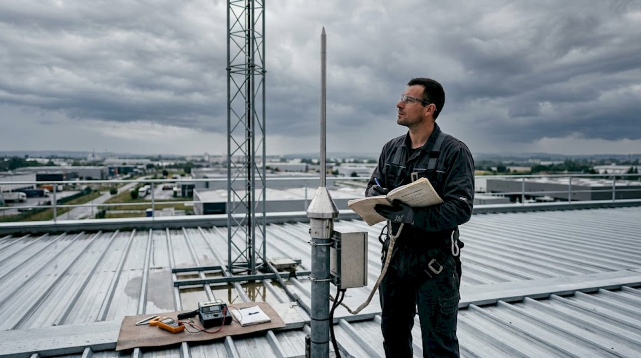 Contrôle du paratonnerre installé sur la toiture d’un site industriel
