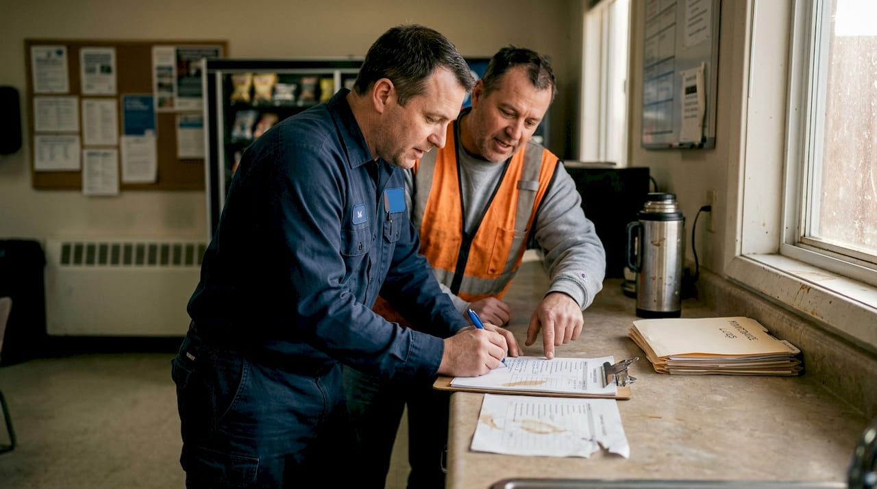 Inspector and supervisor check compliance documents