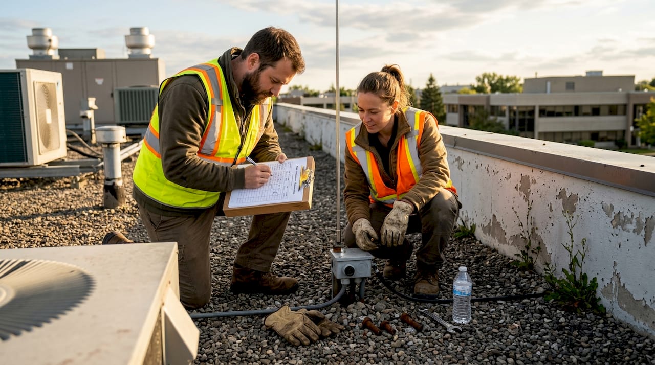 Une équipe de maintenance procède à la vérification du paratonnerre installé sur le toit.