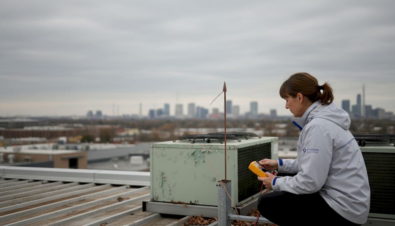 Engineer inspecting metal roof lightning rod