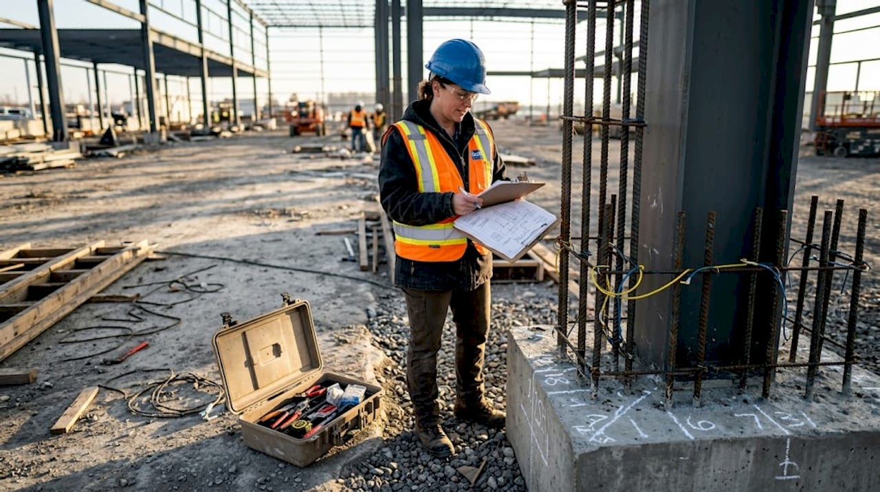 Inspector examining industrial lightning protection